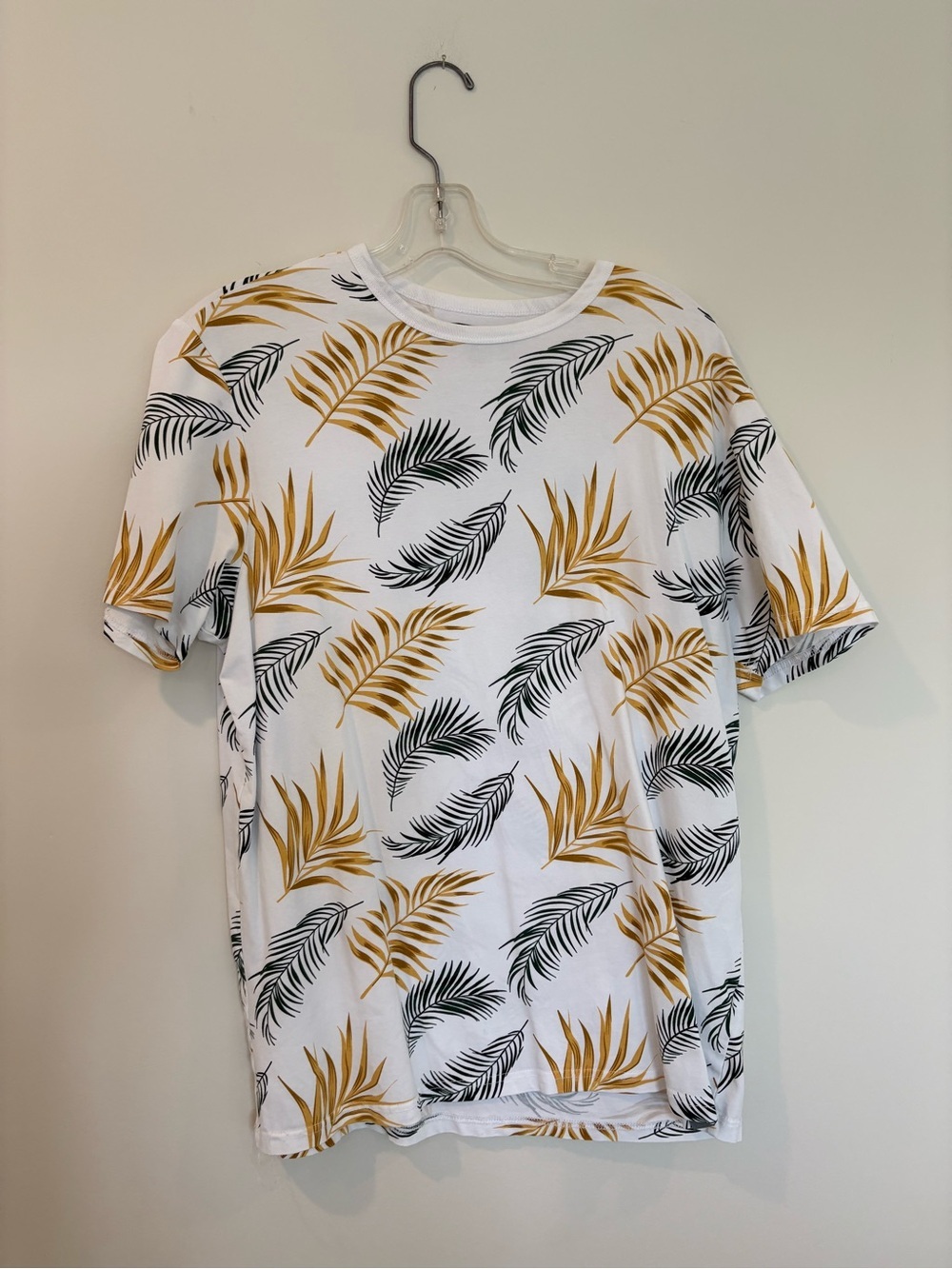 Free Planet White Short-Sleeve Shirt with Mustard and Black Leaf Print